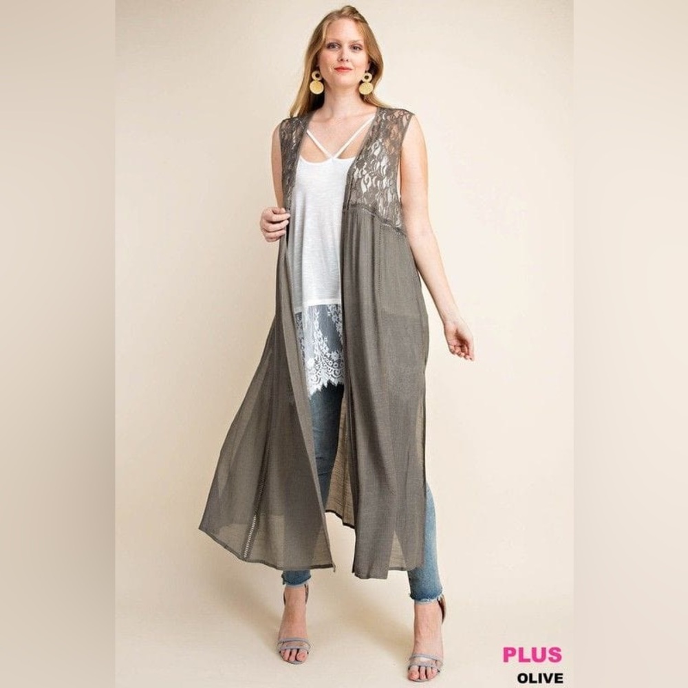Kori America Olive Lace Duster Vest Plus Size